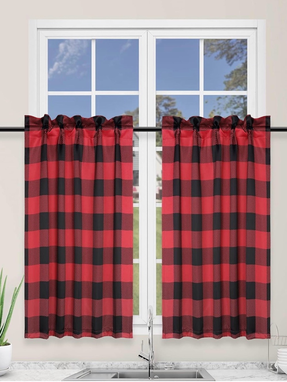 Luxe Red and Black Buffalo Plaid Rod Pocket Kitchen Curtains 26x30
